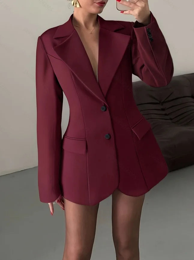 Women Burgundy Waist Cinching Blazer Coat Fashion Full Sleeve Lapel V-neck Button Slim Jacket 2026 Lady Spring Autumn Outwear