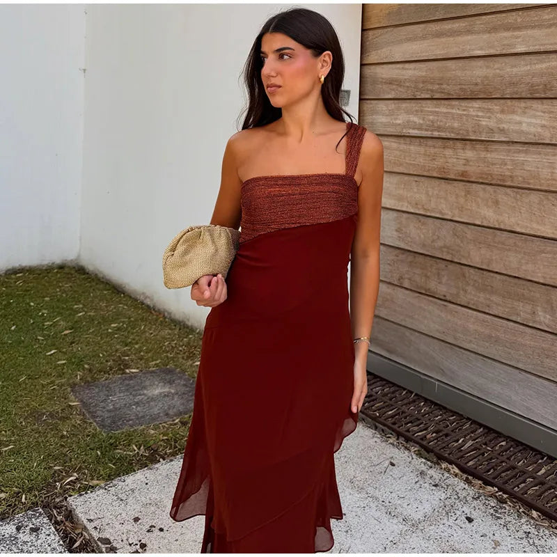 Elegant Patchwork Women's Dress Sleeveless Cascading Ruffle Skew-Collar Lady Long Dresses 2026 Summer Chic Female Vacation Robe