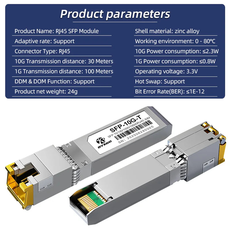 RJ45 SFP Module Adaptive Rate Plug and Play 1G / 10G  BASE-T SFP+ For Cisco/Ubiquiti/Dell, Copper SFP For Switch/Router/Server