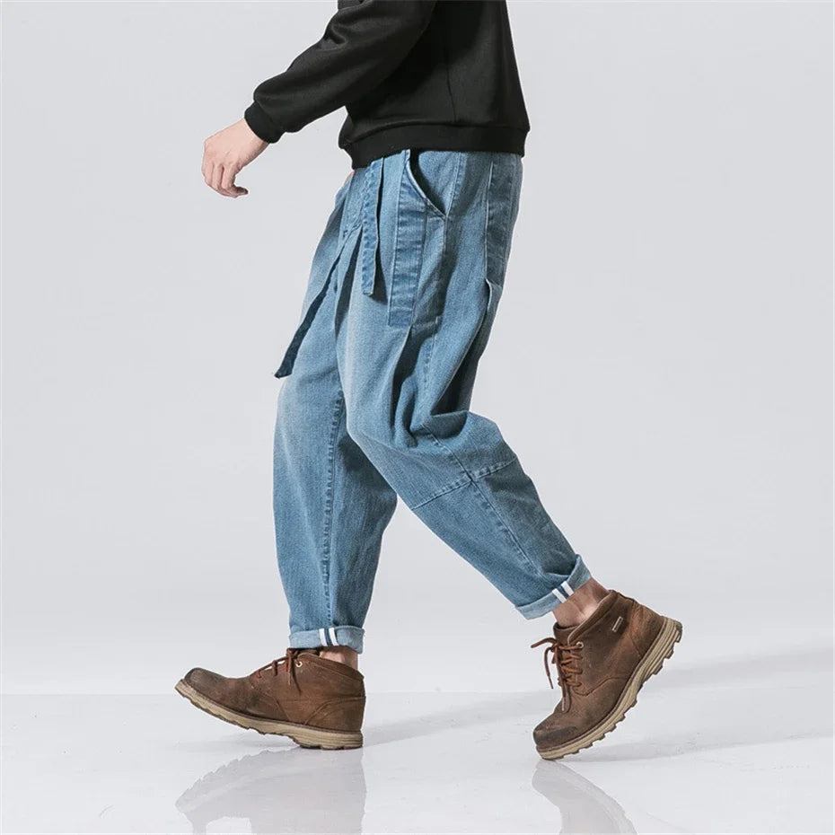 Vintage Denim Pants Men Streetwear Harajuku Jeans Belt Design Fashion Solid Color Jeans Elastic Waist Trousers Mens Clothes