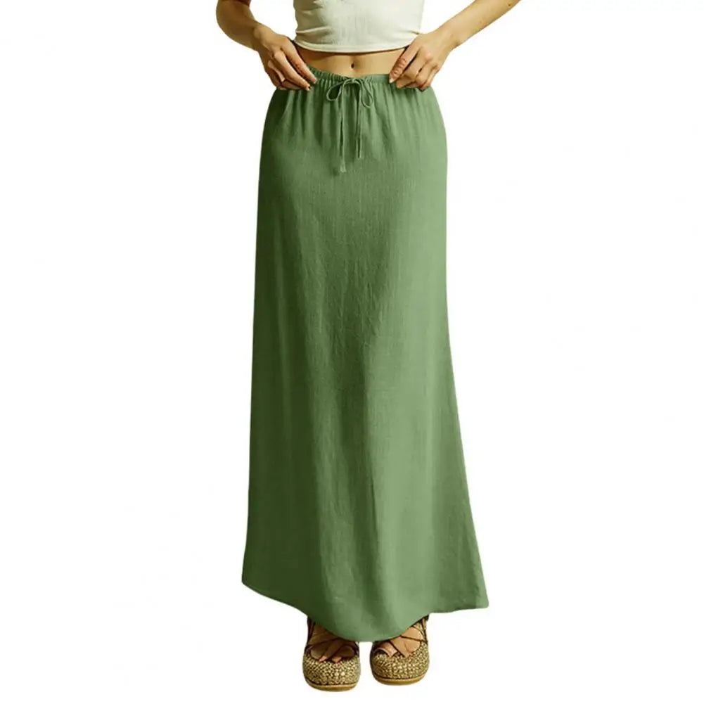 Summer Women Maxi Skirt Mid-rise A-Line Drawstring Solid Color Long Lady Skirt Work Leisure Daily Wear