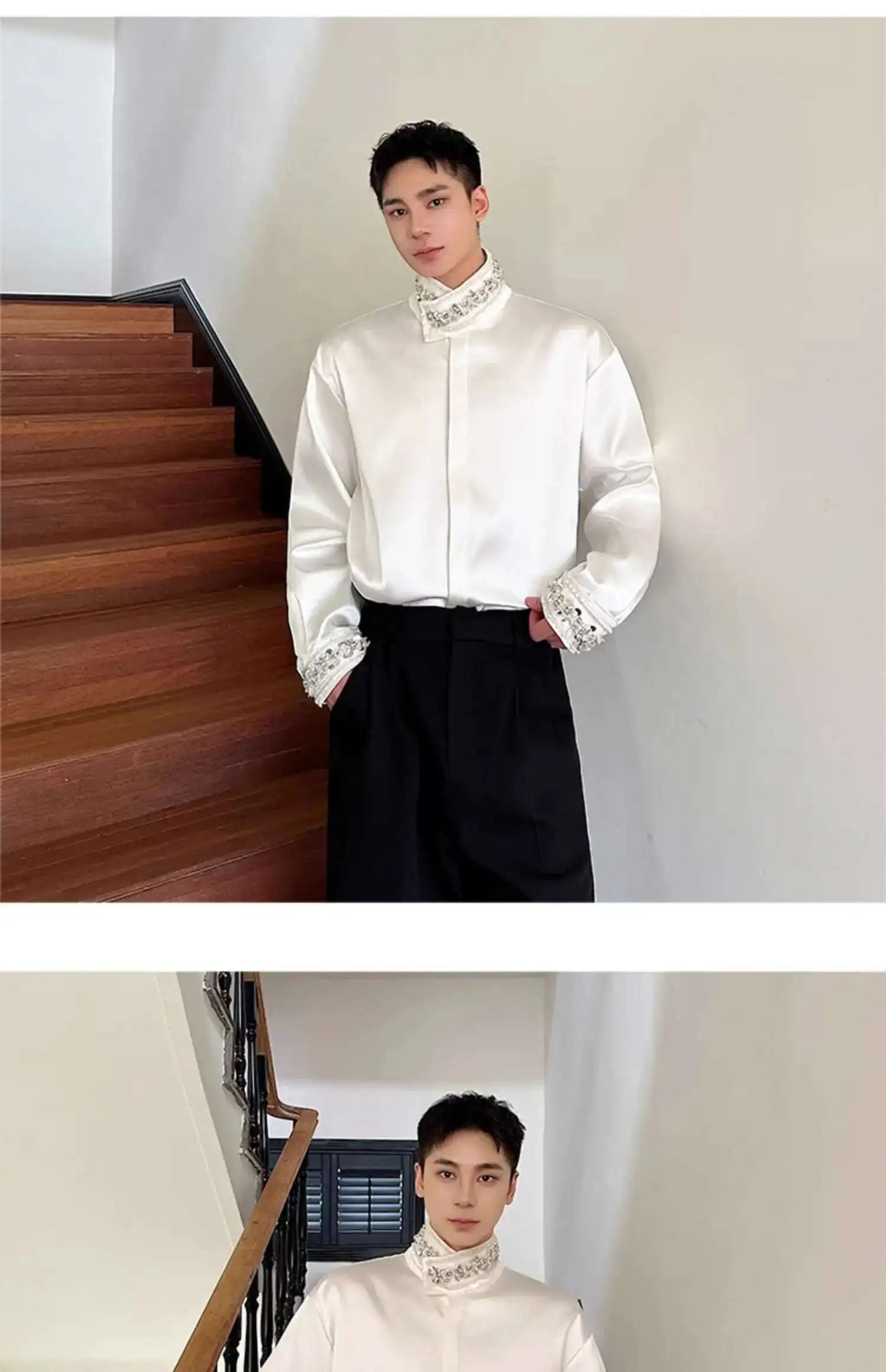 PFHQ Diamond Decoration Satin Long Sleeve Male Shirts Stand Collar Solid Color Single Breasted Men's Wear 2025 New Fashion9C7199