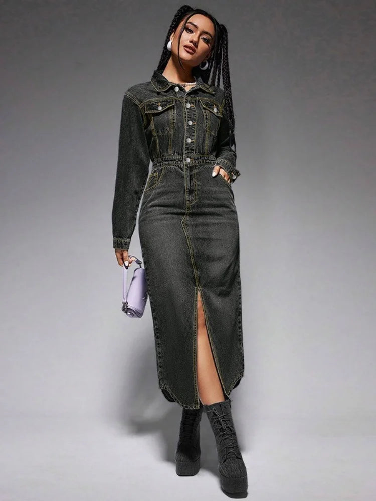 Wmstar Denim Dresses Women Long Sleeve Casual Button Pockets Maxi Dress Fall Clothes Fahion Streetwear Wholesale Dropshipping