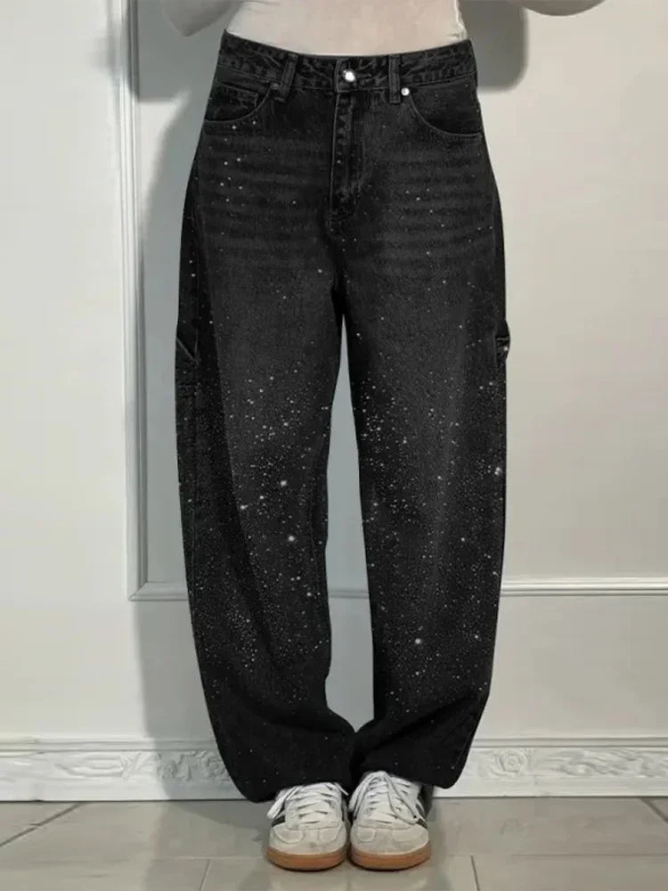 Shiny Rhinestone Baggy Women's Wide Leg Jeans Full Diamond Wide Leg Dragging Denim Pants Vintage Washed Pants Casual Trousers