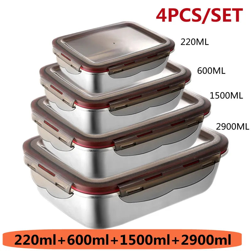 4Pcs/Set 304 Stainless Steel Lunch Box Microwave Heating Bento Box Fruit Food Sauce Fresh-keeping Box Refrigerator Container Box