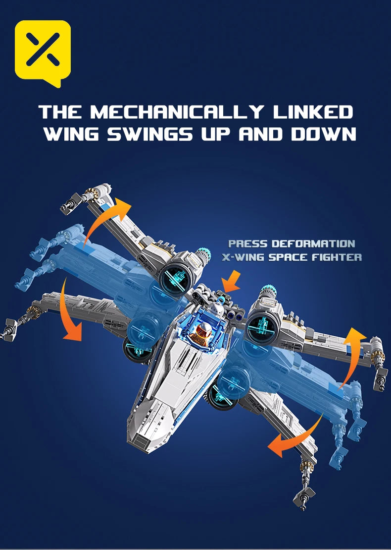 KAVOWORLD X-Wing Space Fighter Jet Building Blocks Toys Set with Pilot High-Technical Linked Wing Transformable Aircraft Model with LED Lights Retractable Landing Gear Spaceship Toy for Adults Birthday Christmas Gift for Spac