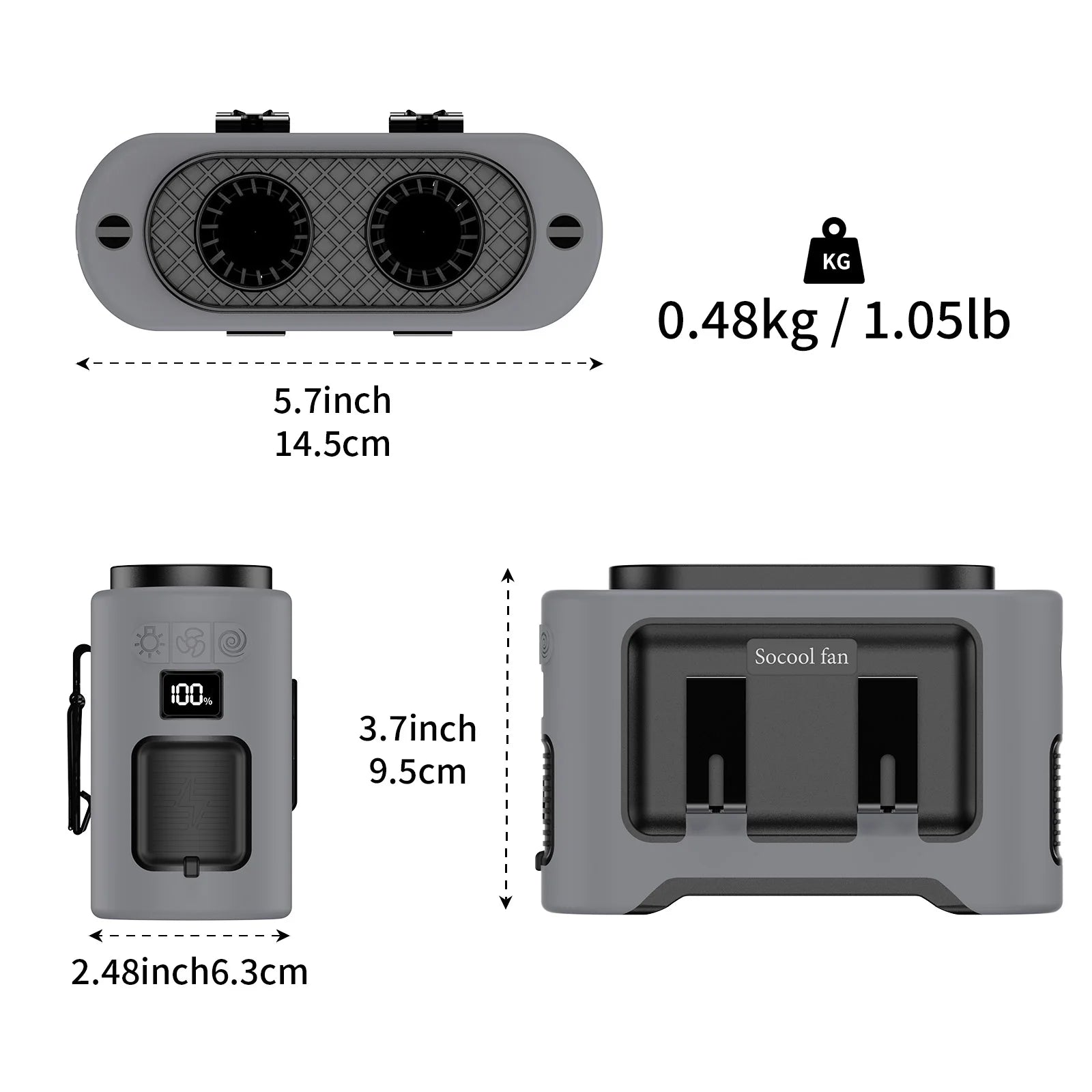 Socool 14500mAh Portable Waist Fan Dual Airflow Outlet Turbo Motors with Four Clips Emergency Flashlight Power Bank for Outdoor