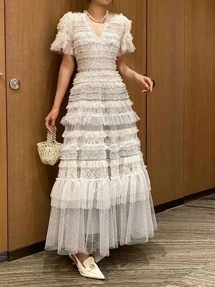 Eshin Elegant Midi Dress Short Sleeve Summer Spring New Fashion Design Women Runway Mesh Ruffles V-Neck Party High Street TH6731