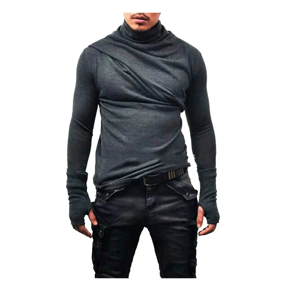 Spring Autumn Men Top Slim Fit Casual Men Pleated Collar Shirt Stretchy Long Sleeves Pullover Sweatshirt for Sports Street Wear