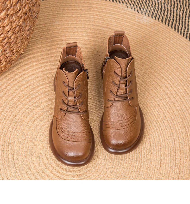 GKTINOO Women Autumn Boots Cowhide Ankle Boots 2025 Winter Retro Casual Genuine Leather Mother Boots Fur Keep Warm Low Heel 41