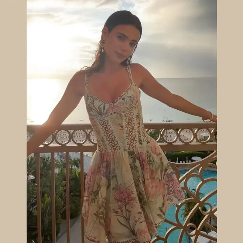 Women's Printed Dress V-neck Lace Hollow Out A-line Spaghetti Strap Pleated Lady Dresses 2026 Summer Chic Female Sexy Party Robe