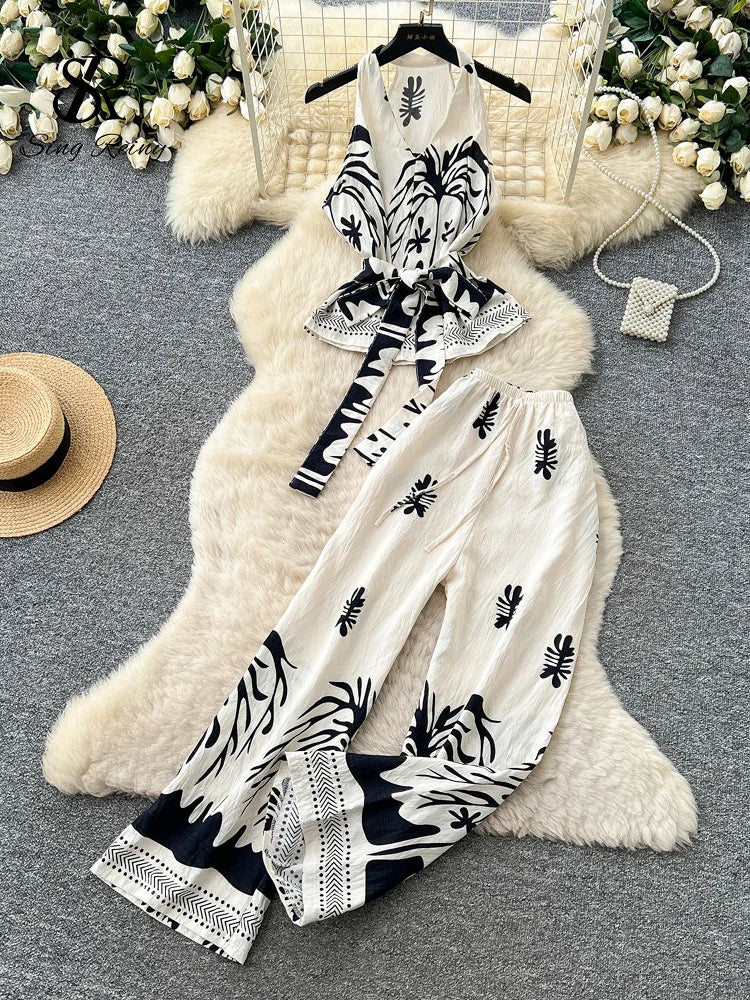 SINGREINY Boho Print Vacation Suits Summer 2026 Sleeveless Lace Up Tank Top+Loose Wide Leg Pant Chic Lazy Casual Women 2pcs Sets