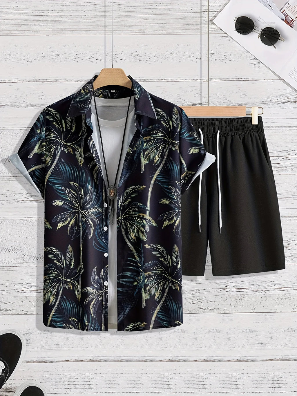 Hawaiian Shirt 3D Coconut Tree Print Short-Sleeve Shirt + Shorts Two-Piece Set Casual Beach Vacation Outfit Men's Clothing