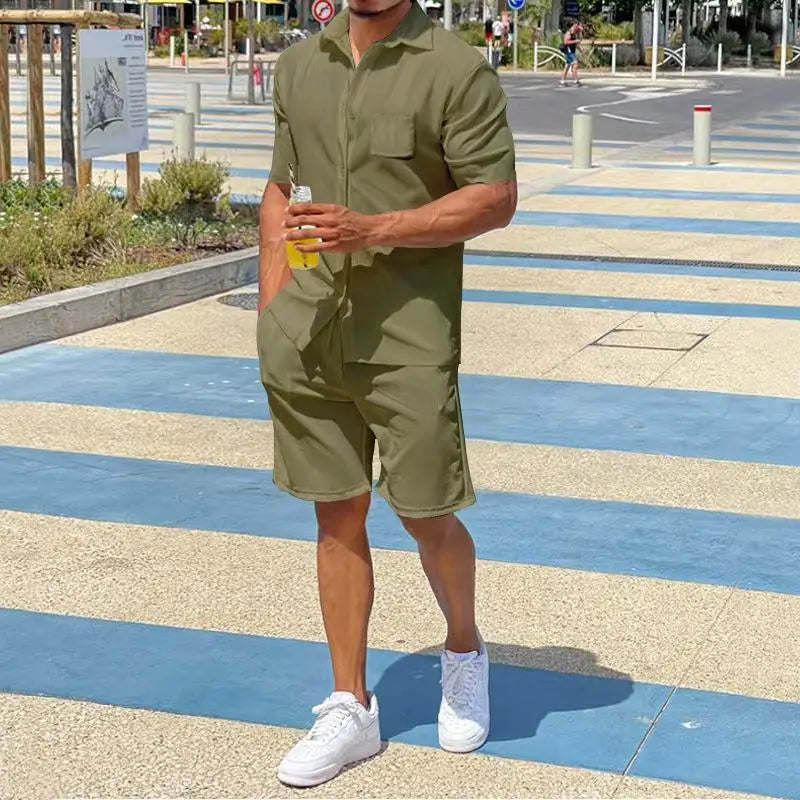 2026 Men's Summer Solid Casual Sets Comfy Cotton Linen Short Sleeve Lapel Shirt and Shorts Two Piece Sets Men Loose Sport Outfit