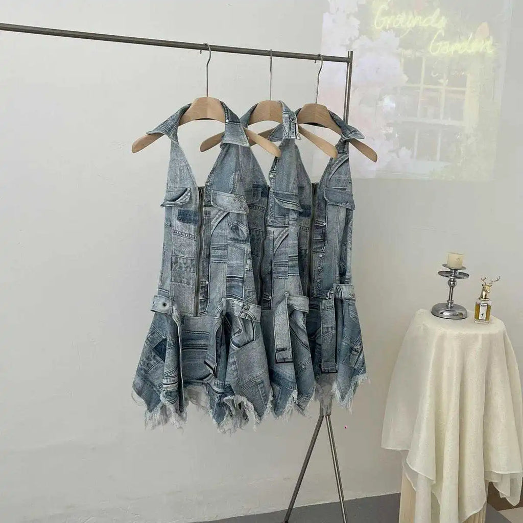 American Denim Waist-cinching Halter Neck Backless Sexy Casual Dress for Women, Distressed Retro Spliced Short Skirt