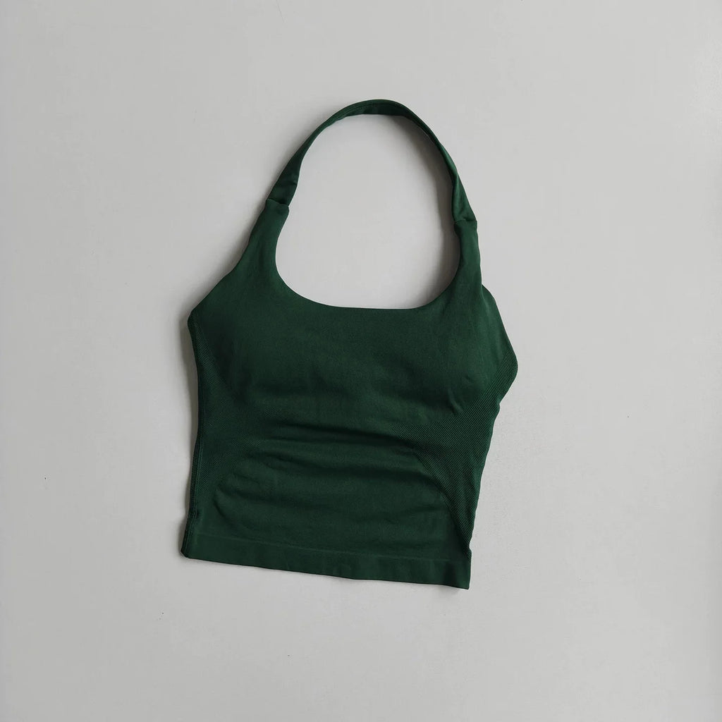 1DF-CY Women Seamless Halter Yoga Crop Top High Elastic Sports Bra Fitness Workout Gym Running Breathable Activewear Tank Top