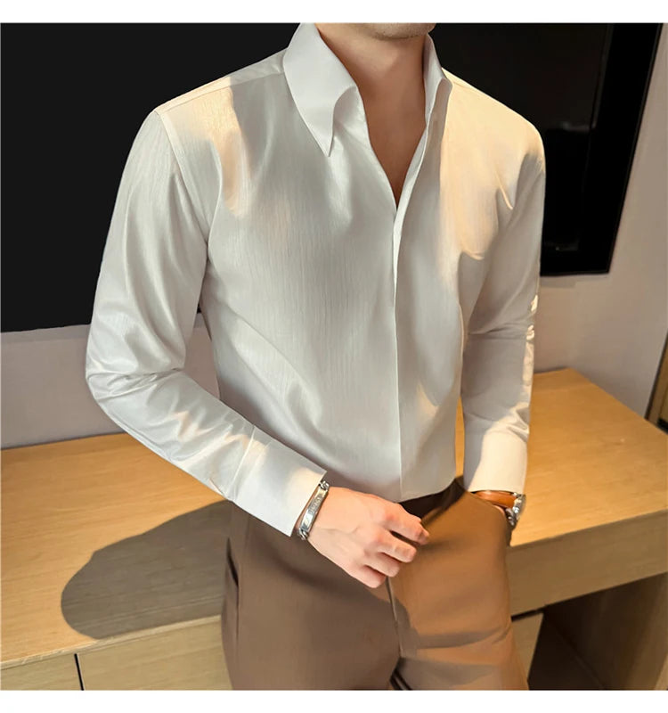 Men's 2026 Spring Luxury Lyocell Cotton Shirt, Leather-Like Texture Jacquard V-Neck, Long Sleeve Business Casual Top