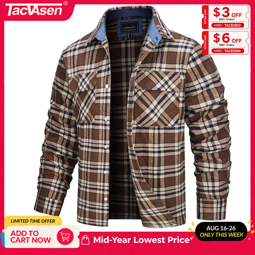 TACVASEN Oversize Lightweight Shirt Jacket Button Down Cotton Plaid Shirts Mens Long Sleeve Streetwear Flannel Shirts W/ Pockets