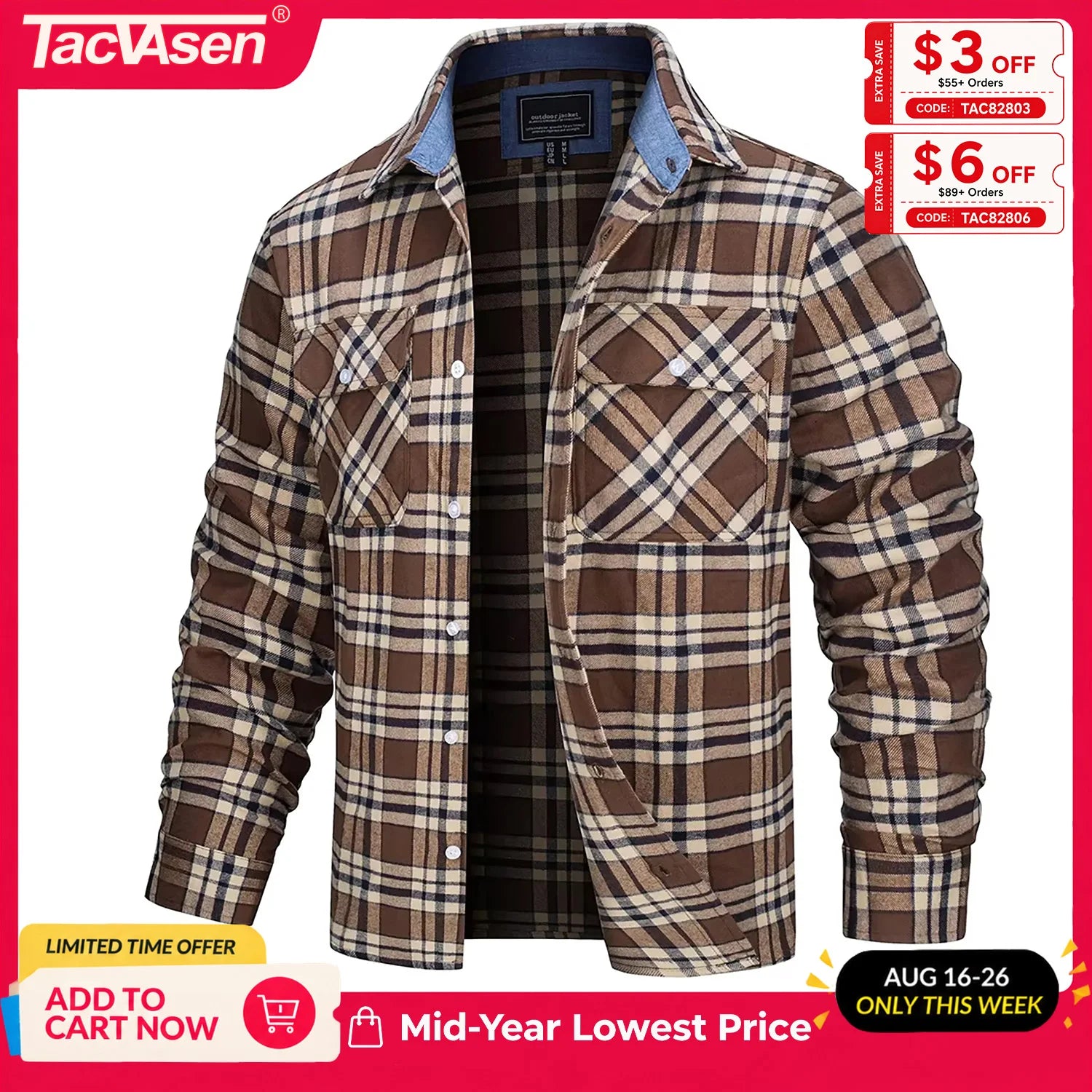 TACVASEN Oversize Lightweight Shirt Jacket Button Down Cotton Plaid Shirts Mens Long Sleeve Streetwear Flannel Shirts W/ Pockets