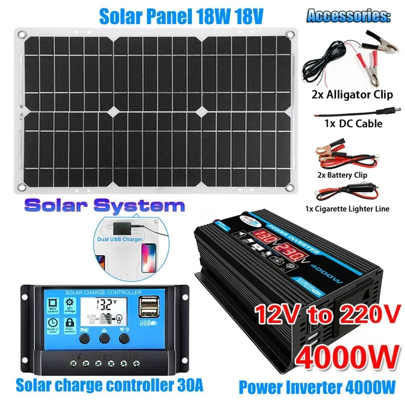 3000W/4000W/5000W/6000W Solar Panel System Power Inverter Kit 12V to 220V with 18V Solar Panel+30A Charge Controlle Power