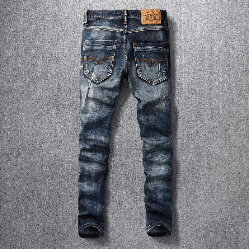 Italian Style Fashion Men Jeans High Quality Retro Black Blue Elastic Slim Fit Ripped Jeans Men Vintage Designer Denim Pants