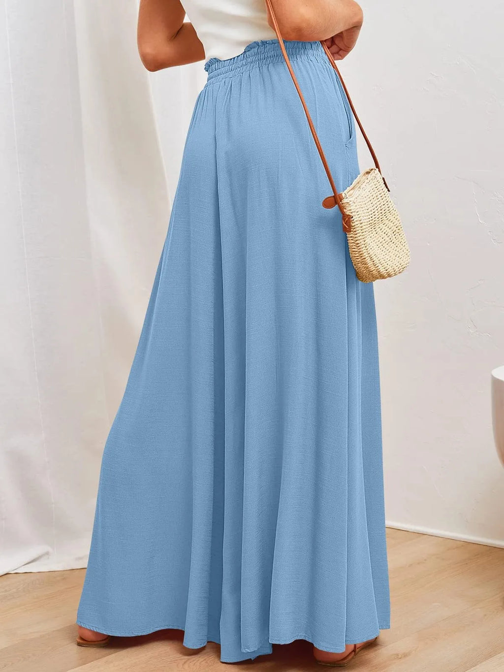 Women's Elastic Long Palazzo Pants Casual Urban Style Tie Detail Polyester Blend Woman Clothes Female Clothing Women's And