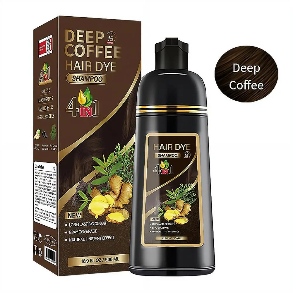 Black Brown Hair Dye Shampoo 500ml,4-in-1 Color Shampoo for Gray Coverage, Long-Lasting Natural Hair Coloring for Women Men