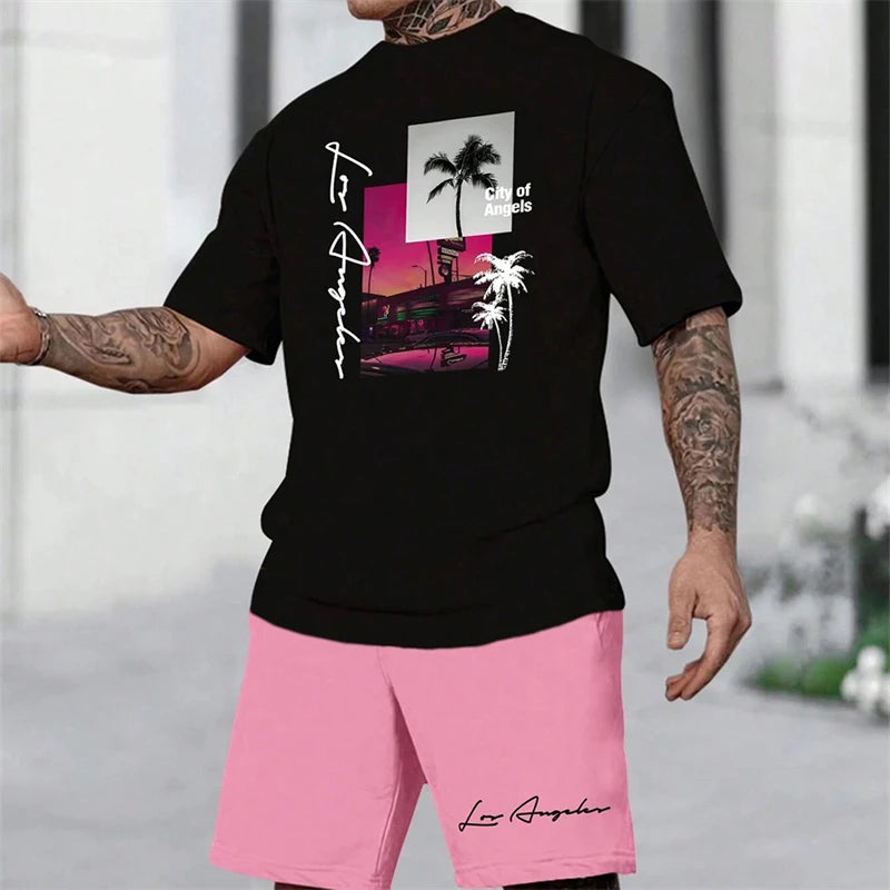 Summer New Men's Short-sleeved Hawaiian Print Two-piece Beach Vacation Breathable Short-sleeved With Drawstring Loose Shorts