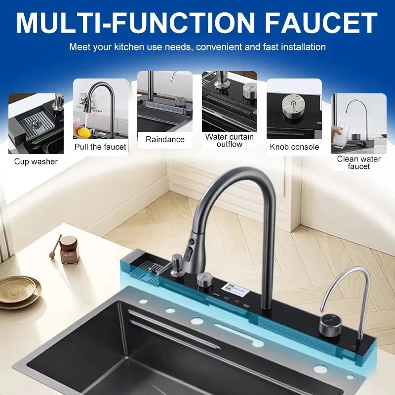 Light Emitting Diode Digital Nano Handmade Modern Single Slot Stainless Steel Waterfall Multifunctional Smart Kitchen Sink
