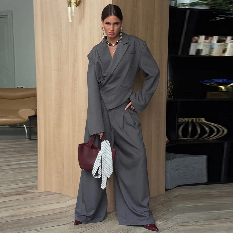 Elegant Irregular Women's Blazer Trouser Suits Single Button Lapel Full Sleeve Wide Leg Pants Lady Set 2026 2 Pieces Set Women