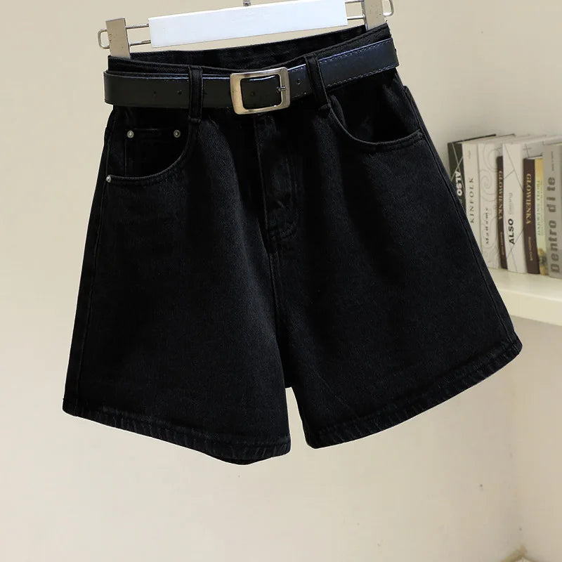 Women High Waist Denim Shorts Summer Chic Streetwear Female Casual Wide Leg Short Pants Solid Color Lady Loose Straight Shorts
