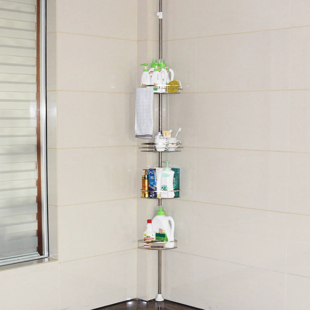 Telescopic Shower Shelf, Stainless Steel Corner Shelf with 4 Shower Baskets, Adjustable 110-280cm for Bathroom and Kitchen
