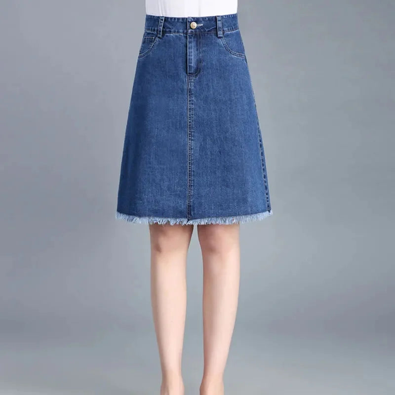Large Size Denim Skirt For Women Spring Summer High-waisted A-line Jeans Skirt Ladies Korean Loose Tassels Mini Denim Skirts