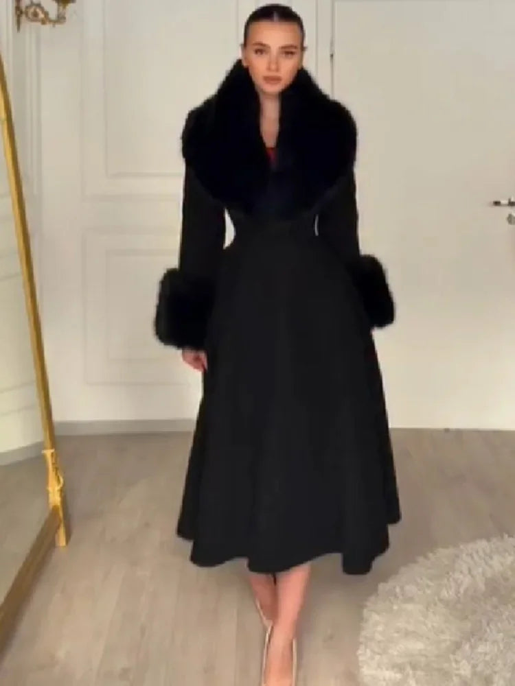 Women Detachable Faux Fur Collar Long Wool Blend Elegant A‑line Maxi Dress Coat Winter Vintage Luxury Slim Fit Wedding Outerwear