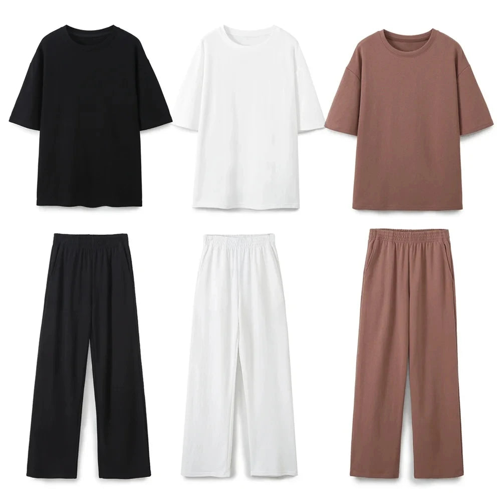 HH Women Vintage Solid Shirts Pant Sets O Neck Short Sleeve Shirts Top + Elastic Waist Loose Trousers Spring Commuting Suit