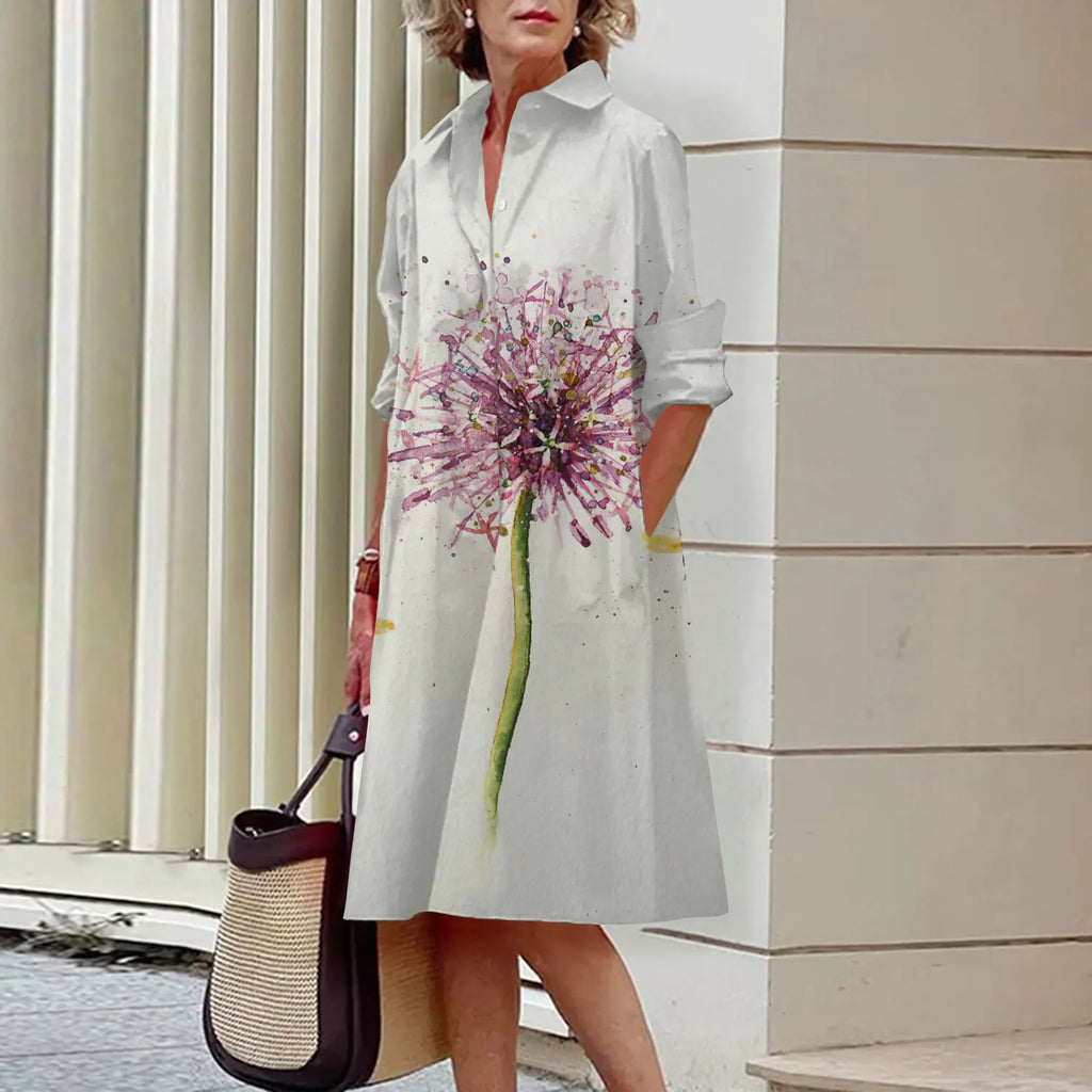 Spring and Summer Women's Dresses Fashion Lapel Printed Long Sleeve Shirt Street Shooting High Temperament New Traveling Gowns