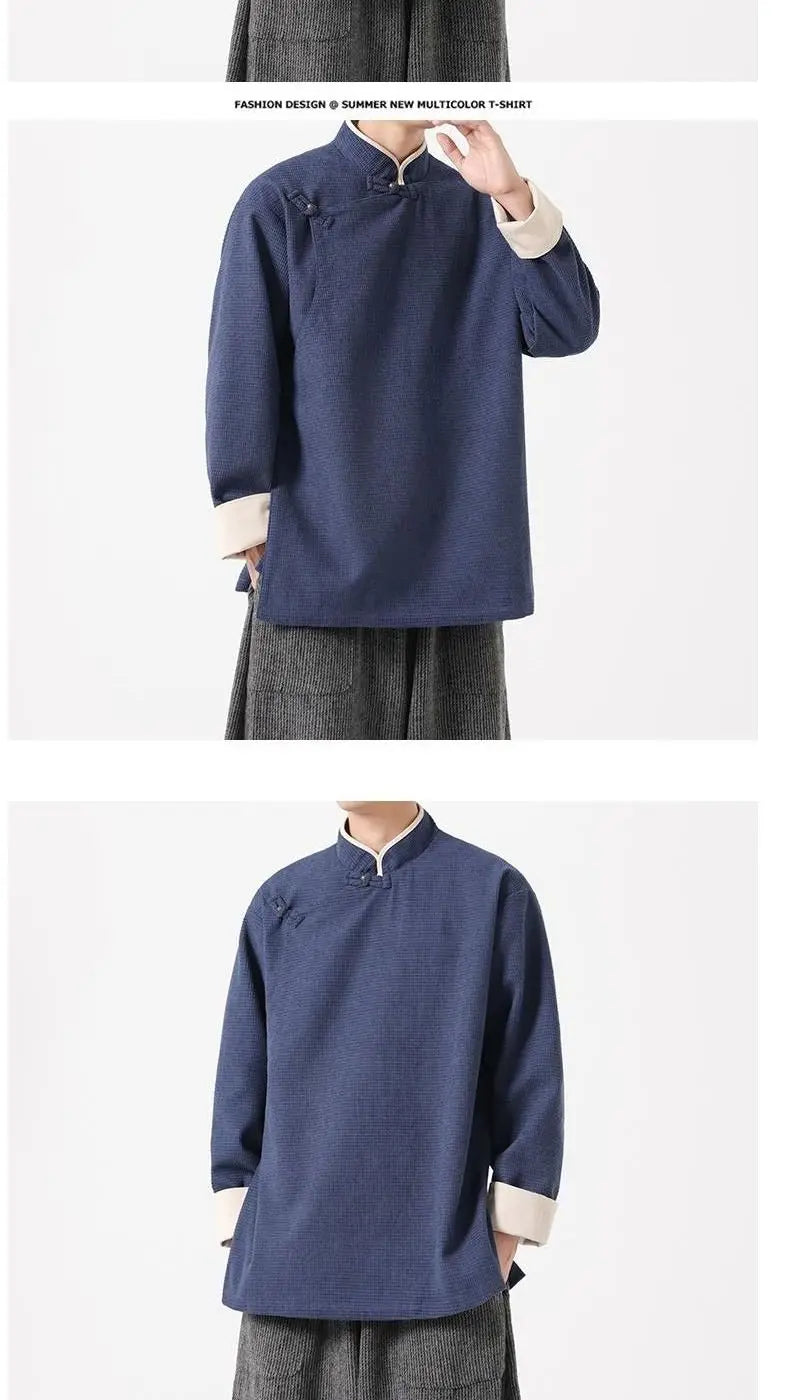 Autumn Winter Chinese Style Blouse Long-sleeved Jacket Men's Chinese Tang Suit Hanfu Lay Buddhist Zen Suit Tea Suit Slanted Top