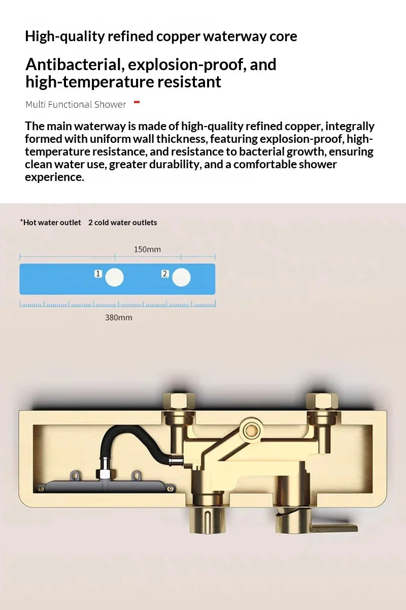 Premium All Copper Shower Set with Heated Waterway Shelf Dual Valves Hot Cold Multi Function High Pressure Shower Head Shower