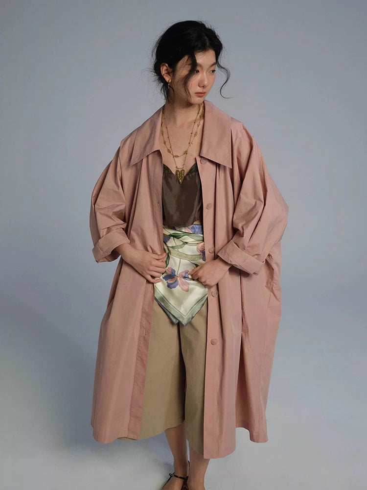Lautaro Spring Autumn Long Oversized Thin Pink Trench Coat for Women Single Breasted Elegant Chic Luxury Designer Clothing 2026