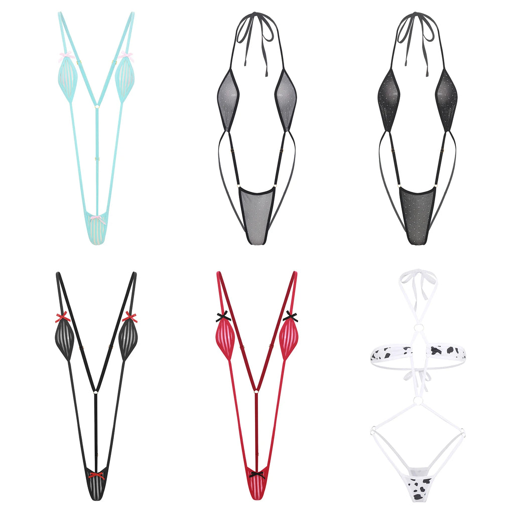 Women Micro Bikini Bodysuit Halter T-back Adjustable Swimsuit One-piece Lingerie Nightwear Summer Sexy Mesh Monokini Swimwear