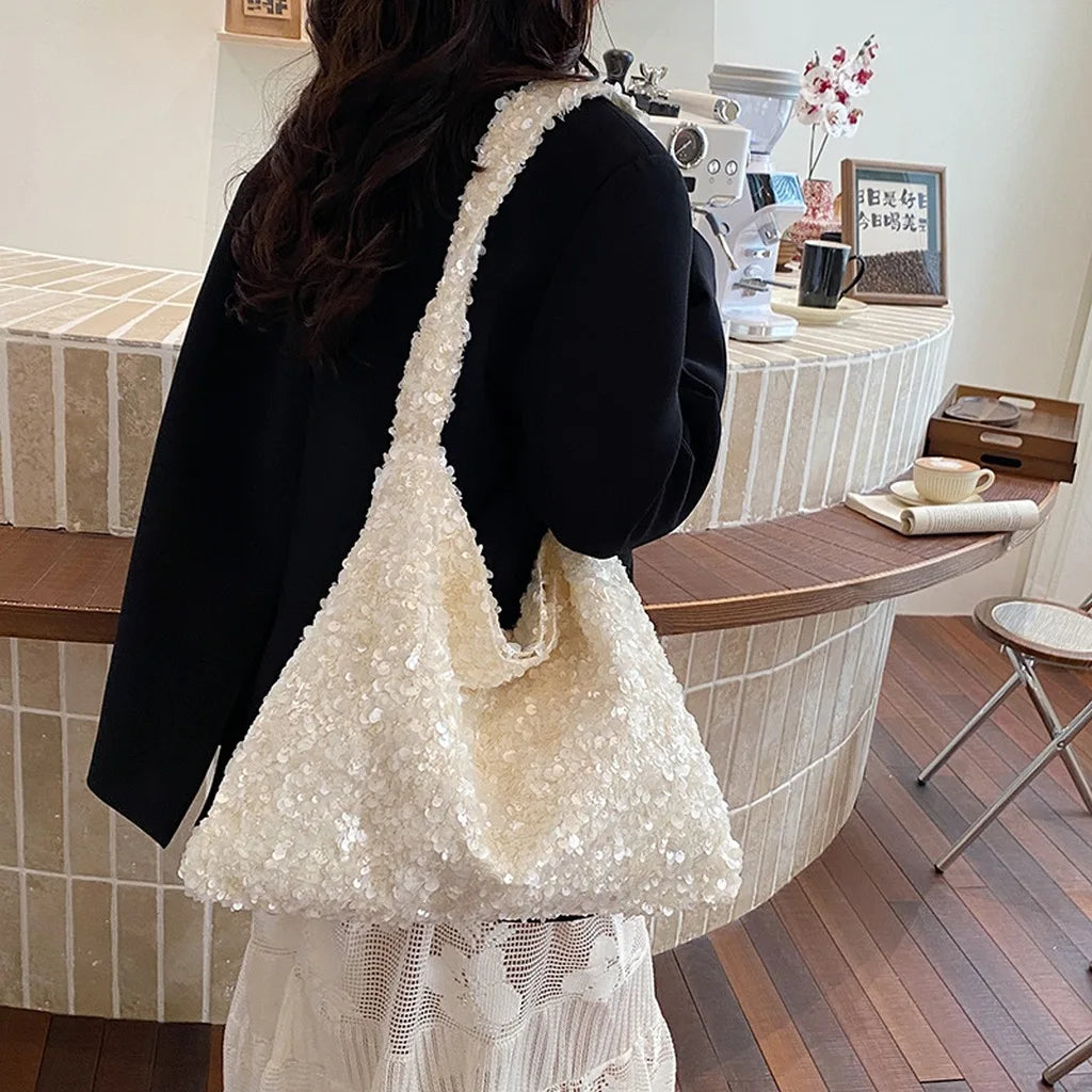 Women'S Sequined Tote Bag Medium-Soft Shoulder Tote Bag Large Capacity Tote Casual For Shopping Meeting Date