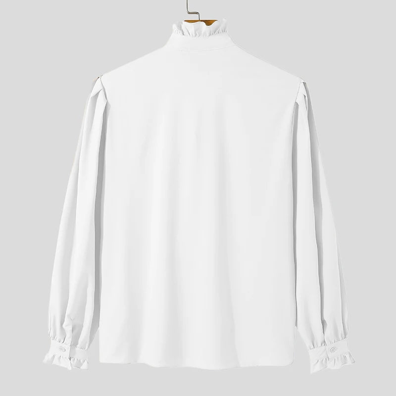 INCERUN 2024 Men Shirt Stand Collar Solid Color Ruffle Long Sleeve Casual Men Clothing Streetwear Elegant Fashion Camisas S-5XL