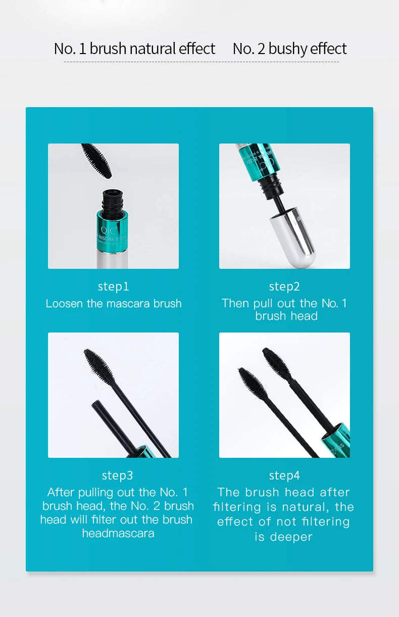 2-in-1 Double-Ended 4D Silk Fiber Mascara Quick Dry Waterproof Thick Curling Silver Tube Eyelash Mascara for Instant Volume