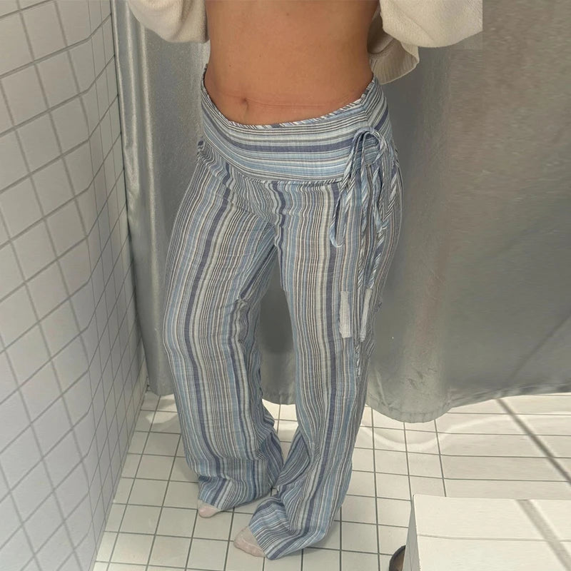 Color Vertical Stripe Women's Wide Leg Pants Folded Wide Waistband Side Thin Drawstring Tie Relaxed Drape Length Casual Pants