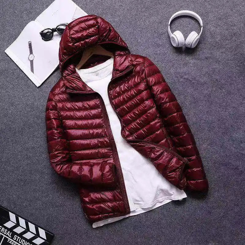 Down Cotton Coat Man 2025 Light Feathered Cotton Jacket Winter Slim Hooded Stand-Up Collar Solid Color Warm Clothing