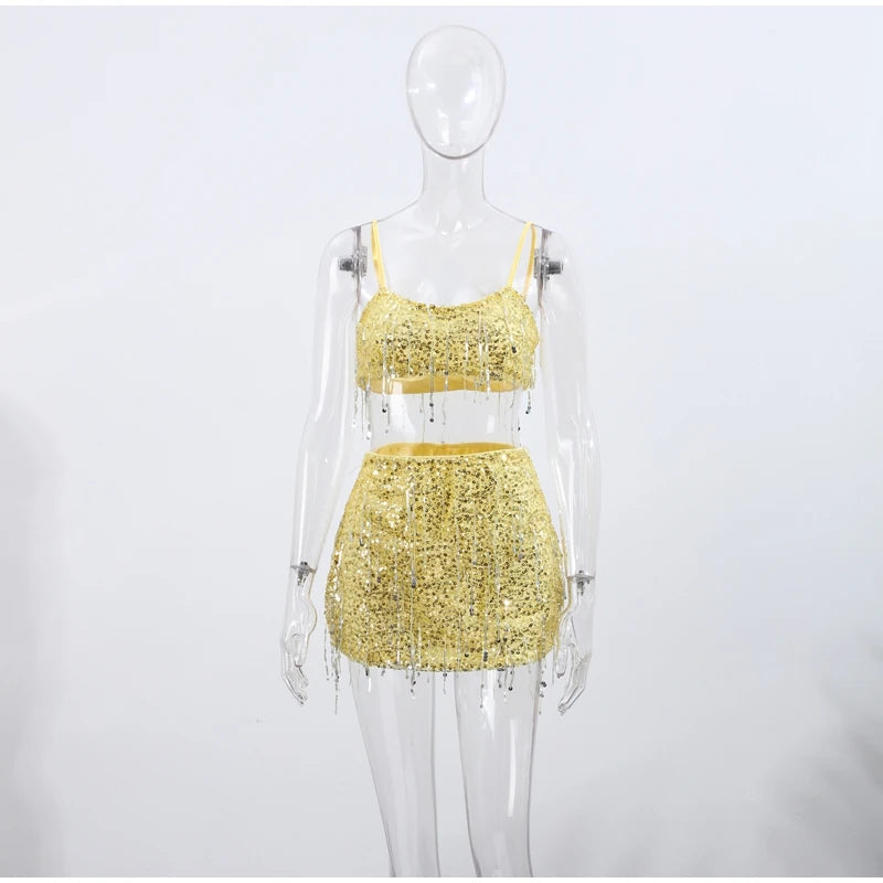 Sexy Tassel Sequins Vest Mini Skirt Women Crop Sling Vests Short Hip Package A-line Skirts 2026 Summer Lady Beach Party Outfits