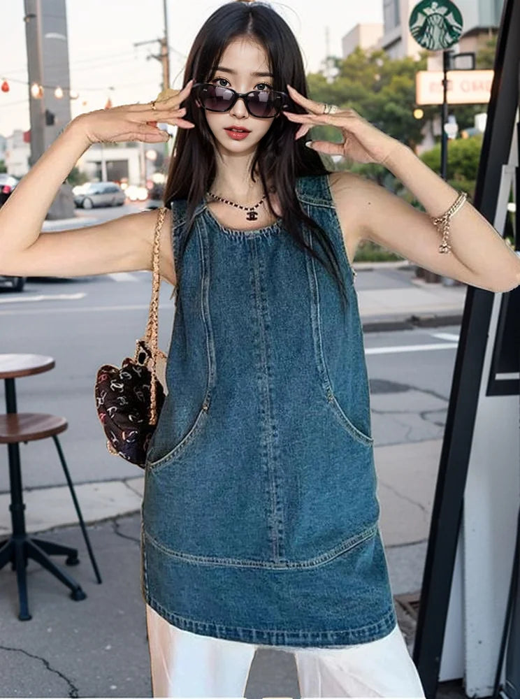 Retro Vest Denim Dress 2025 Summer Fashion Temperament Stitching A Word Street Style Women's Short Skirt