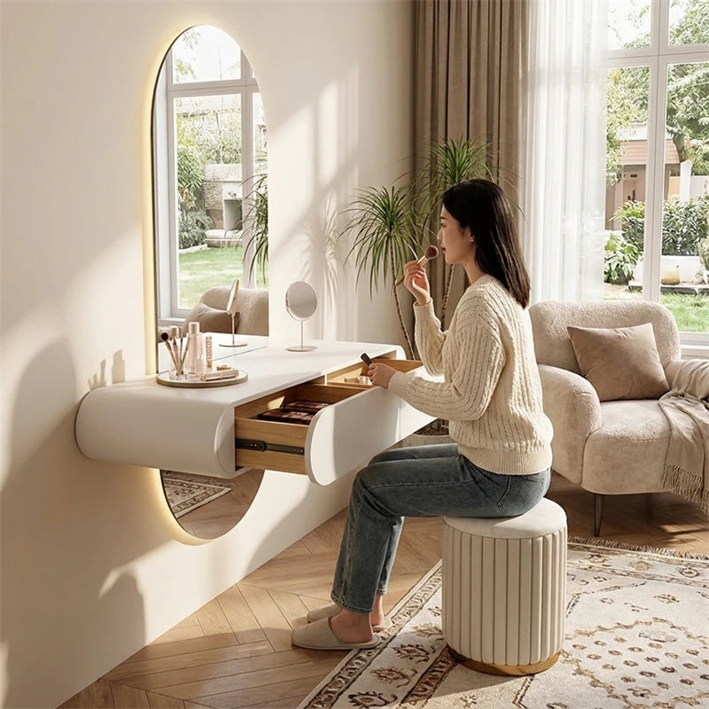 Nordic Wall-mounted Makeup Vanities with Full-length Mirror Vanity Desk Creative Bedroom Furniture Wooden Storage Dressing Table