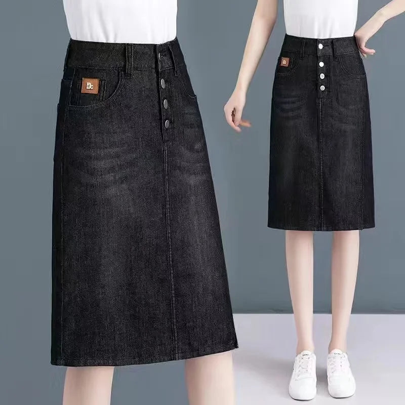 High Waist A-Line Midi Skirt for Women Spring 2023 Denim Split Long Dress Korean Style Commute Pure Color Long Skirt