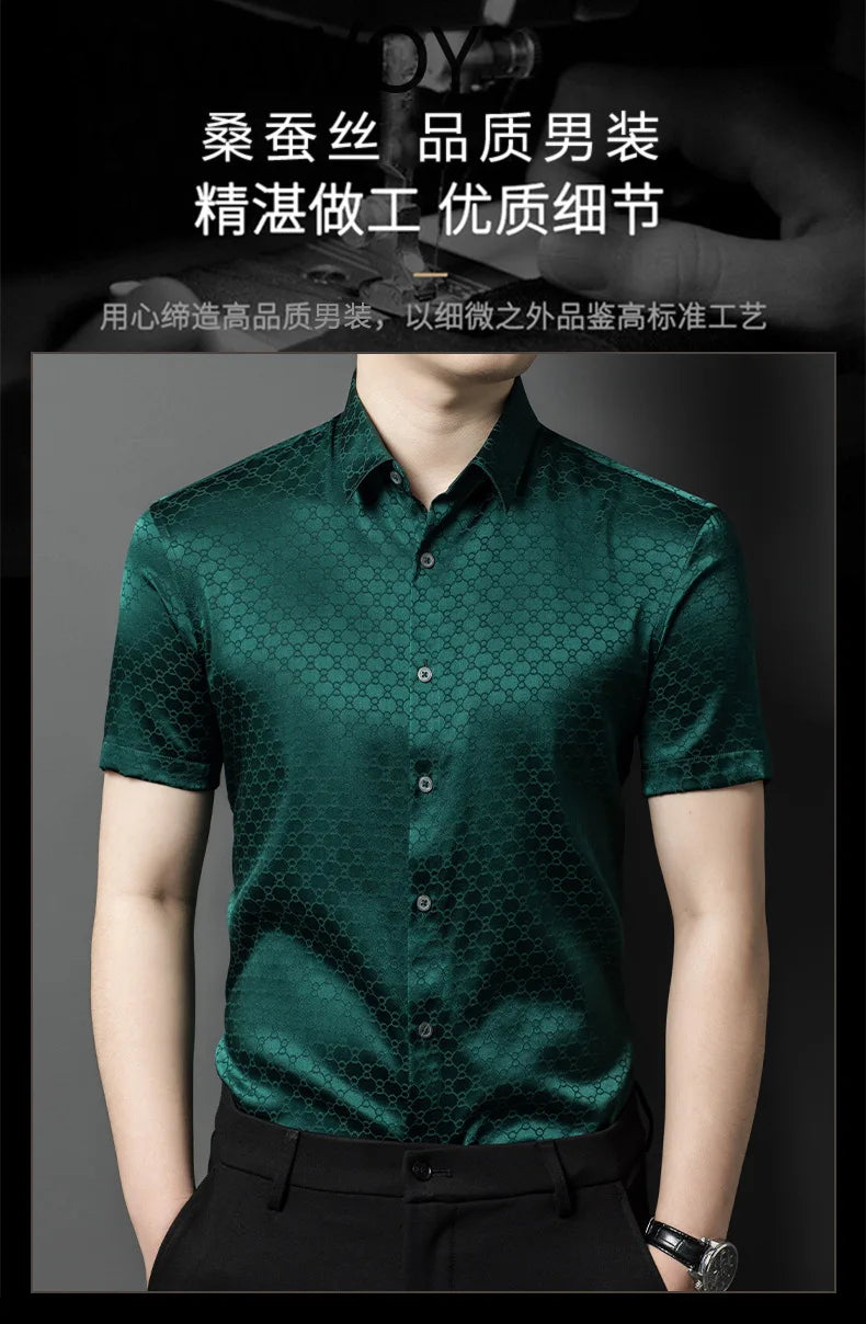 QYLVAWOY New Men's Shirts Summer Tops 92% Real Mulberry Silk Shirts Lapel Short Sleeve Stylish Clothes for Man Business Casual
